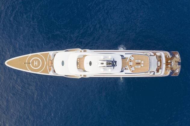 Aerial photograph 111.5 metre long motor yacht TIS, 2018 delivered by the German shipyard Lürssen Yachts to the Russian billionaire Alexei Fedorychev Alexej Fedoritschew, former owner of FC Dynamo Moscow, resident Monaco The yacht was allegedly returned to the shipyards property in the meantime due to the owne