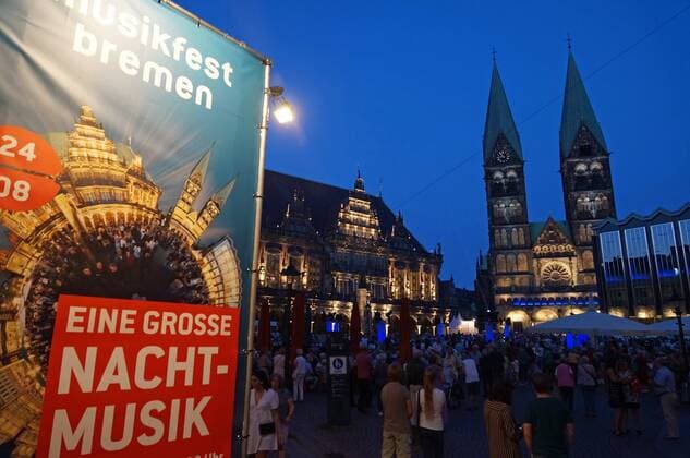 The Bremen Market Place on the opening evening for the 30 Music Festival Bremen on 24 August 2019 under the motto A great night music Links the historic Town Hall, in the middle the Bremen Cathedral, on the right the House of the Citizenship