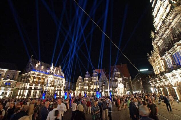 The Bremer Marktplatz on the opening evening for the 30 Musikfest Bremen on 24 August 2019 under the motto A great night music Links of the Chamber of Commerce Sitz Schütting, far right the historical town hall