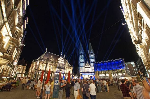 The Bremen Market Place on the opening evening for the 30 Music Festival Bremen on 24 August 2019 under the motto A great night music Links the historic Town Hall, in the middle the Bremen Cathedral, on the right the House of the Citizenship