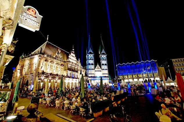 The Bremen Market Place on the opening evening for the 30 Music Festival Bremen on 24 August 2019 under the motto A great night music Links the historic Town Hall, in the middle the Bremen Cathedral, on the right the House of the Citizenship