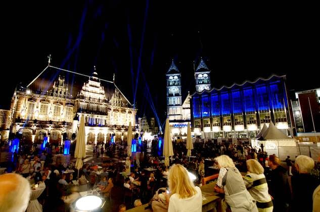 The Bremen Market Place on the opening evening for the 30 Music Festival Bremen on 24 August 2019 under the motto A great night music Links the historic Town Hall, in the middle the Bremen Cathedral, on the right the House of the Citizenship