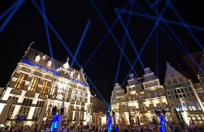 The Bremer Marktplatz on the opening evening for the 30 Musikfest Bremen on 24 August 2019 under the motto Eine große Nachtmusik Links der Schütting, seat of the Chamber of Commerce for Bremen and Bremerhaven