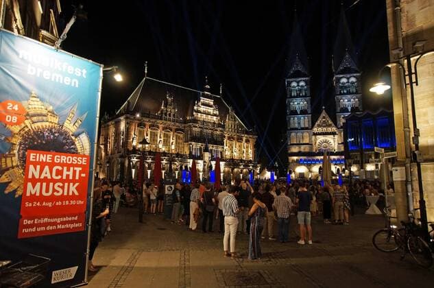 The Bremen Market Place on the opening evening for the 30 Music Festival Bremen on 24 August 2019 under the motto A great night music Links the historic Town Hall, in the middle the Bremen Cathedral, on the right the House of the Citizenship