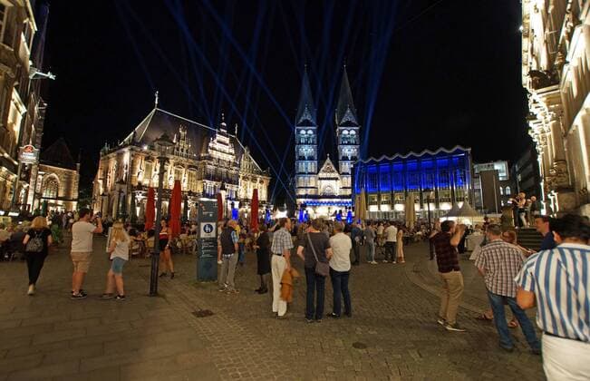 The Bremen Market Place on the opening evening for the 30 Music Festival Bremen on 24 August 2019 under the motto A great night music Links the historic Town Hall, in the middle the Bremen Cathedral, on the right the House of the Citizenship