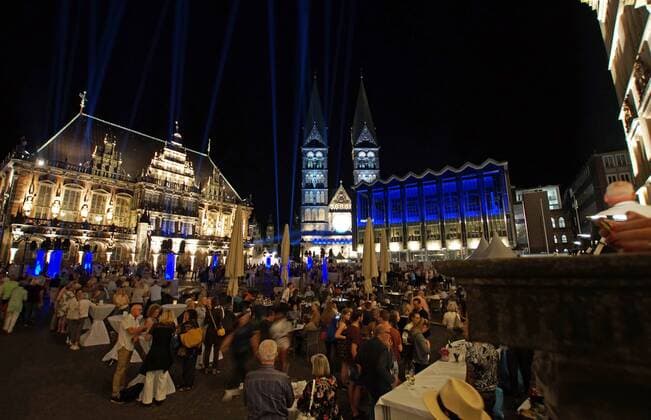 The Bremen Market Place on the opening evening for the 30 Music Festival Bremen on 24 August 2019 under the motto A great night music Links the historic Town Hall, in the middle the Bremen Cathedral, on the right the House of the Citizenship