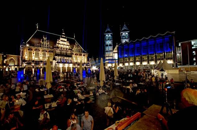 The Bremen Market Place on the opening evening for the 30 Music Festival Bremen on 24 August 2019 under the motto A great night music Links the historic Town Hall, in the middle the Bremen Cathedral, on the right the House of the Citizenship