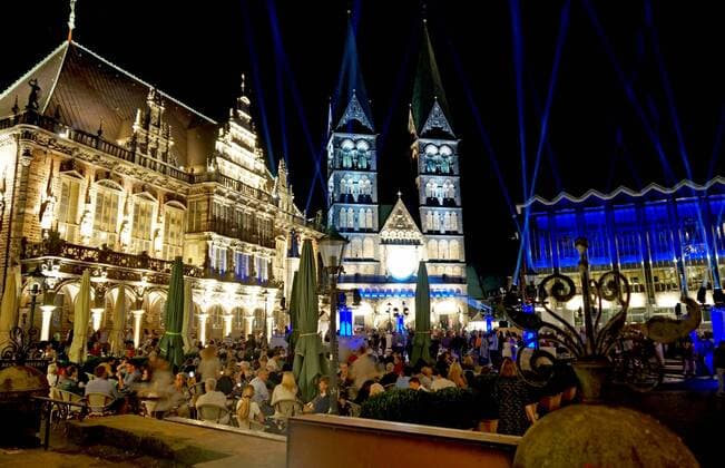 The Bremen Market Place on the opening evening for the 30 Music Festival Bremen on 24 August 2019 under the motto A great night music Links the historic Town Hall, in the middle the Bremen Cathedral, on the right the House of the Citizenship