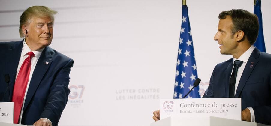 26 8 2019 Joint final press conference by Donald Trump and Emmanuel Macron G7 in Biarritz From 24 to 26 August, the annual G7 Summit will take place in Biarritz, southern France At the end of the conference, American President Donald Trump and French President Emmanuel Macron held a joint press conference Topics covered included bilateral relations and resolutions of the past Copyright: xMichaelxTrammerx