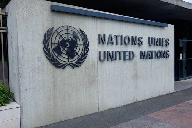 United Nations emblem and lettering United Nations emblem, 02 08 2019 Geneva, Ariane Park, Switzerland, The United Nations emblem shows a world map with olive tree branches
