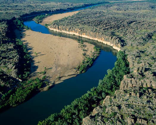 Western Australia - river cutting through ancient limestone coral reef formed during Devonian Period (350 million years ago). Kimberley Geikie Gorge National Park, Fitzroy River, Western Australia.  Copyright: Jean-PaulxFerrero 10765110