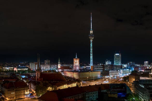 50 years anniversary Berlin television tower with lighting and projection Panorama of Berlin Mitte 03 10 2019, Berlin, GER 50 years anniversary Berlin television tower with lighting and projection Panorama of Berlin Mitte , Berlin Berlin Germany 50 years television tower