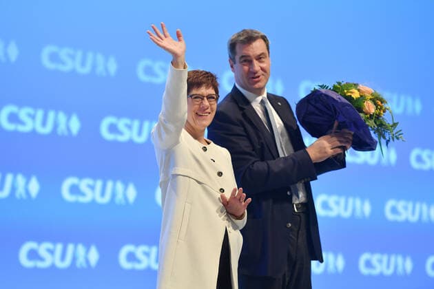 Annegret KRAMP KARRENBAUER CDU Chairwoman waves after her speech to delegates re Markus SOEDER State Premier Bavaria and CSU Chairwoman CSU Party Congress 2019 on 19 10 2019 in Munich Olympic Hall