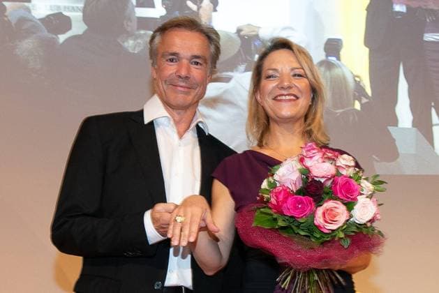 Hannover, Award of the Leibniz Ring Hannover to marine biologist Prof Dr Antje Boetius, Laudatio Hannes Jaenicke, in the Hannover Congress Centrum, Hannes Jaenicke, Antje Boetius,