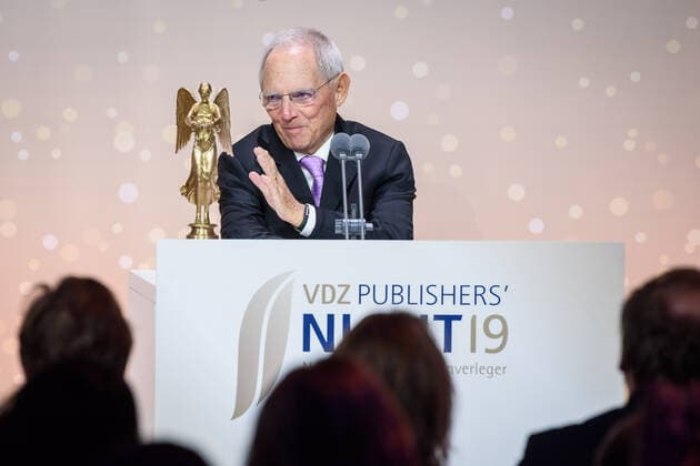 Berlin, VDZ Publishers Night 2019 Germany, Berlin 04 11 2019 The picture shows Wolfgang Schäuble President of the German Bundestag during his speech at VDZ Publishers Night 2019 Berlin Berlin Germany