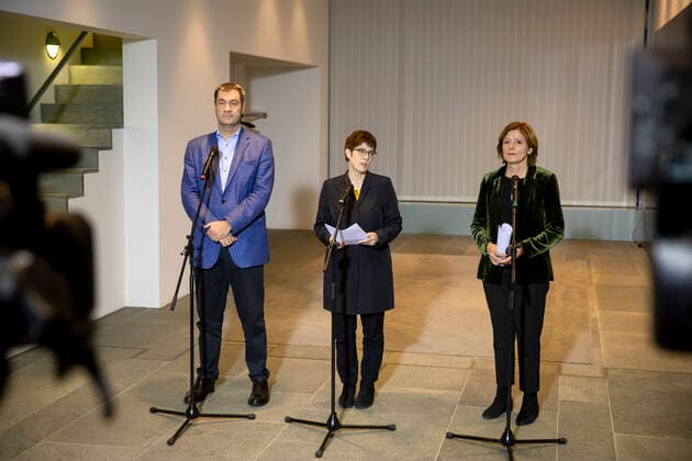 L R Head of CSU Markus Soeder, CDU Annegret Kramp Karrenbauer and SPD Commissioner Malu Dreyer give a statement about the Grand Coalitions agreement on the basic pension in the Chancellors Office in Berlin on 10 November 2019 Grand Coalition finds agreement on the basic pension