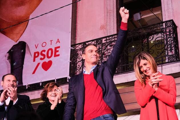 The acting president Pedro Sanchez celebrating in Ferraz where the Psoe is based his electoral data, with his supporters Madrid, Spain Cordon Press