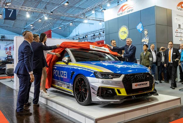Essen Motor Show 2019, Essen, Germany Essen, Germany 29 November 2019 TUNE IT SAFE turns a station wagon into a tuned police car for the first time with ABT Sportsline The Audi RS 4 Avant served as a basis for creating the TUNE IT SAFE campaign car The ABT RS4 R in police uniform celebrates its world premiere at the Essen Motor Show Preview day at the