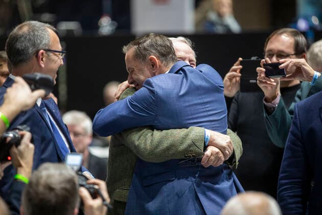 Germany, Braunschweig, 10 Federal Party Congress of the AfD, Alexander Gauland and Tino Chrupalla after his election as spokesman, 30 12 2019