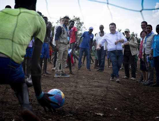Federal Development Minister Gerd Mueller, CSU, and Federal Labour Minister Hubertus Heil play football at refugee camp Nguenyyiel, Ethiopia, 01 12 2019 Gambella Ethiopia Copyright: xUtexGrabowsky photothek.netx