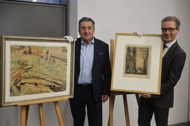 04 12 2019 Kunstmuseum Moritzburg buyback of two works of the degenerate Kunst Feininger charcoal drawing Marktkirche Halle 1929 and watercolour study after a tree trunk by Christian Rohlfs on photo by State Secretary Dr Gunnar Schellenberger and Thomas Bauer Friedrich Director of the Kunstmuseum Moritzburg right copyright