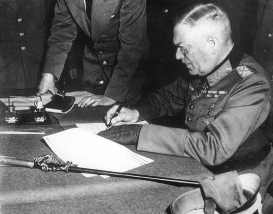 Second World War Ratification in Berlin of the German surrender deed signed in Reims two days earlier Signature of the German General Wilhelm Keitel Photograph taken on 9 May 1945 Credit Collection KHARBINE TAPABOR  KH21504