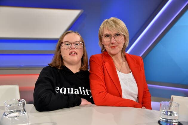 The activist with Downs syndrome Natalie Dedreux, l r, and her mother Michaela Dedreux guest on the ARD talk show Maischberger Die Woche on 11 12 2019 in Cologne.