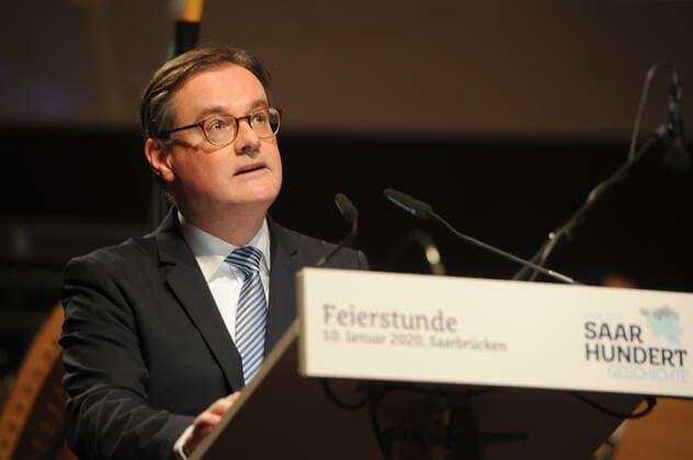 The Prime Minister of Saarland Tobias Hans CDU invites to the traditional New Years Reception on Friday 10 1 2020 in the Saarbrücken Congress Hall Before that, there will be a celebration of the one hundred year history of the Saar region In the picture Speech by the modern history historian Jörn Leonhard, Professor of Modern and Contemporary History of Western Europe at the Historical Institute of Albert Ludwigs University Freibu bub