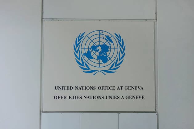 United Nations Office at Geneva United Nations Office at Geneva, 03 08 2019, Geneva, Avenue de la Paix, Switzerland, The United Nations logo is located at an office in Geneva