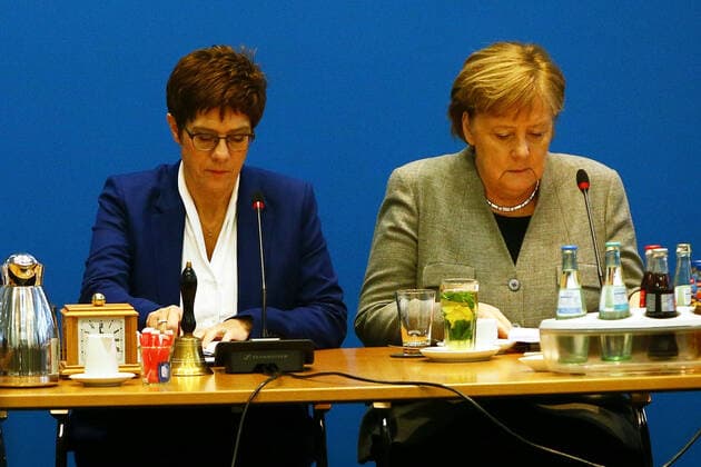CDU Party Chairwoman Annegret Kramp Karrenbauer L and Chancellor Angela Merkel R before the executive meeting of the CDU in the Konrad Adenauer Haus in Berlin on 10 February 2020 AKK has announced to resign as party leader Annegret Kramp Karrenbauer announces resignation as CDU party leader
