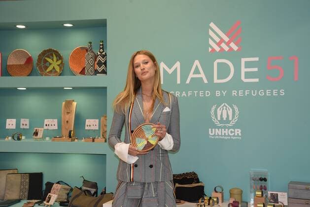 10 02 2020 Frankfurt am Main, Messe Ambiente leading international trade fair for consumer goods Press tour with Antonia Toni Garrn German model and actress Picture shows Antonia Toni Garrn visiting the MADE51 Refugee made