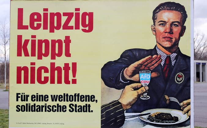 Leipzig, 12 02 2020, Lord Mayor Election 2020, run-off election, In the picture election poster of DIE LINKE versus AfD and CDU Historical poster in the style of socialist realism of the 1950s DIE LINKE does not run in the run-off election, positions itself for the SPD candidate Burkhard Jung