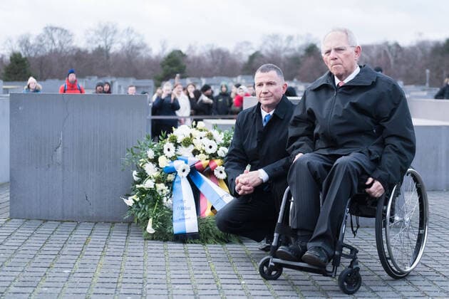 Berlin, Schäuble and Israels Parliamentary President Edelstein lay a wreath at the Memorial to the Murdered Jews of Europe Germany, Berlin 12 02 2020 The picture shows the President of the German Parliament Wolfgang Schäuble and the President of the Knesset of the State of Israel Yuli Yoel Edelstein Berlin Memorial to the Murdered Jews of Europe Berlin Germany