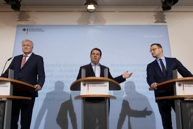 Germany, Berlin, Federal Ministry of Labour and Social Affairs, press room, press conference by Labour Minister Hubertus Heil SPD, Health Minister Jens Spahn CDU and Interior Minister Horst Seehofer CSU, on the subject of cabinet involvement in basic pensions, 19 02 2020