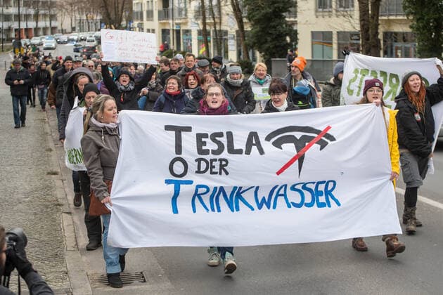 Brandenburg Tesla Protest Several hundred people protested on Saturday 22 February 2020 in Erkner, Brandenburg, against the construction of the Tesla Gigafactory against planned Tesla Gigafactory i