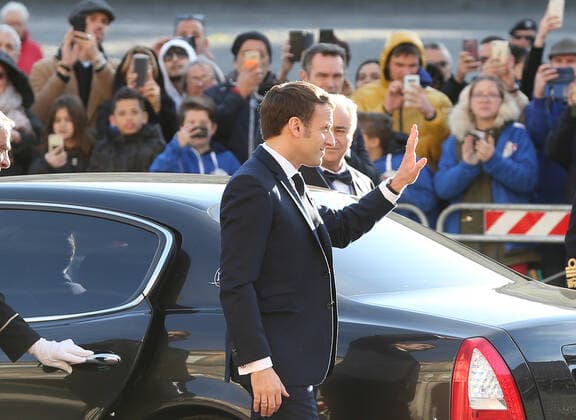 French President Emmanuel Macron waves to people as arriving at the Royal Palace, venue of the XXXV Italian-French Summit  Copyright: xCarloxHermannx xIPAx xKontrolabx