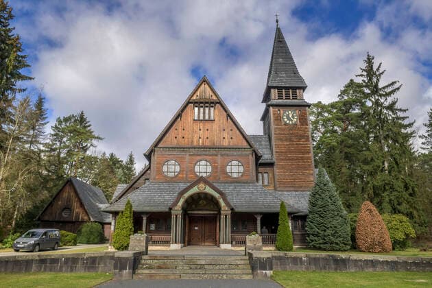 Stave church, chapel, southwest churchyard, Bahnhofstrasse, Stahnsdorf, Brandenburg, Germany