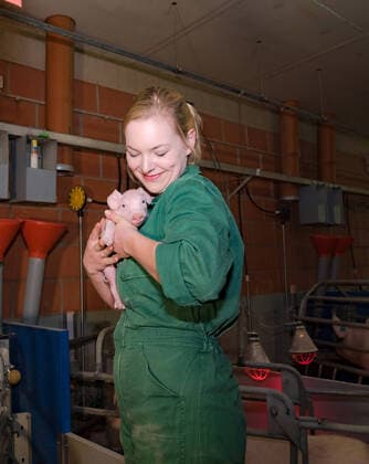 Pig management Image cultivation, young woman in the pigsty presses cute piglet Loving handling of farm animals Young, attractive farmer in a modern farrowing pen holds a small suckling pig lovingly in her arms Great theme photo as illustration on the subject of pig management, animal welfare, barn break-ins, castration, curly tail or attractiveness o