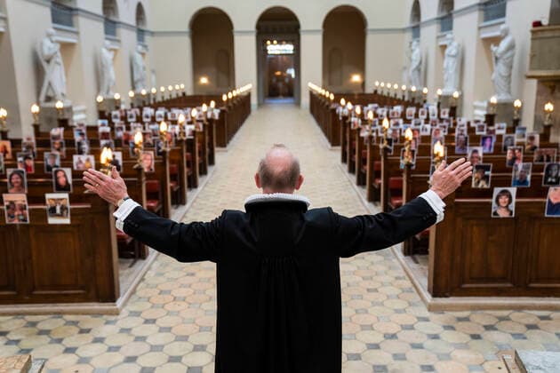 County Prosecutor Anders Gadegaard and Copenhagen Cathedral held Easter service in front of a congregation of selfies on Thursday, April 9, 2020 Due to COVID 19, Our Ladys church inspired by an Italian church held the devotional on Thursday before a congregation that had sent selfies to the church, Denmark,  Copyright: MartinxSylvestx COP101 spdk20200409-163444-L