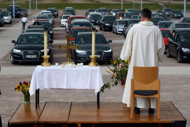 Erfurt, 12 04 2020 Pastor Christoph Knoll from the Thomas parish Erfurt will hold the car Easter service on Easter Sunday at the Erfurt fairground Due to the corona crisis, no church services are allowed at the moment The city of Erfurt has approved this type of service because a car is a closed room in which a maximum of 2 people can sit and thus the distance rule is observed