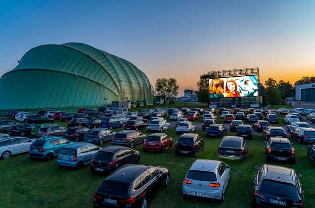 Drive-in cinema at Essen Airport Mülheim Motor Movies, temporary film screening, at WDL airship hangar, event in compliance with contact restrictions, effects of the corona crisis in Essen, Mülheim Germany,