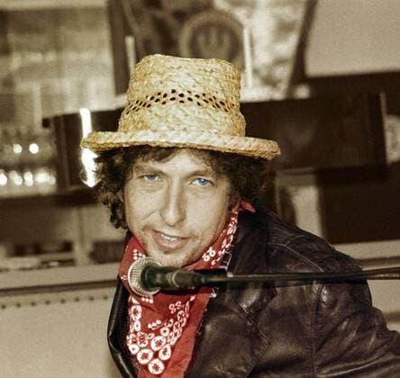 1 Portrait 87 Bob Dylan with straw hat bandana, smiling, press conference, songwriter, songwriter, music, PK, rock, pop, singer, country rock, folk rock, folksinger, rock star, star, , colored SW photo, Hamburg Germany, Germany Copyright: xBRIGANI-ART HEINRICHx BriganiArt_00032553_00032553