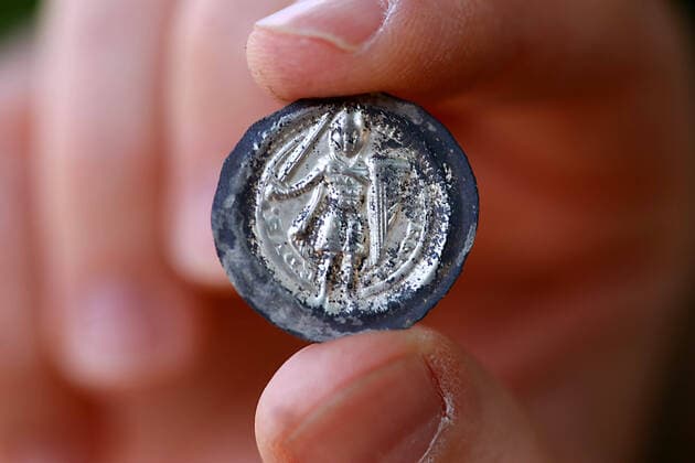 27 05 2020 Halle Halle Saale Archaeology LDA State Office for Archaeology and Monument Conservation Saxony Anhalt During an excavation in the Botanical Garden the lost remains of the church of the Neuwerk monastery were found Coin Bracteate 1183 1212 Duke Bernhard of Saxony Wittenberg copyright
