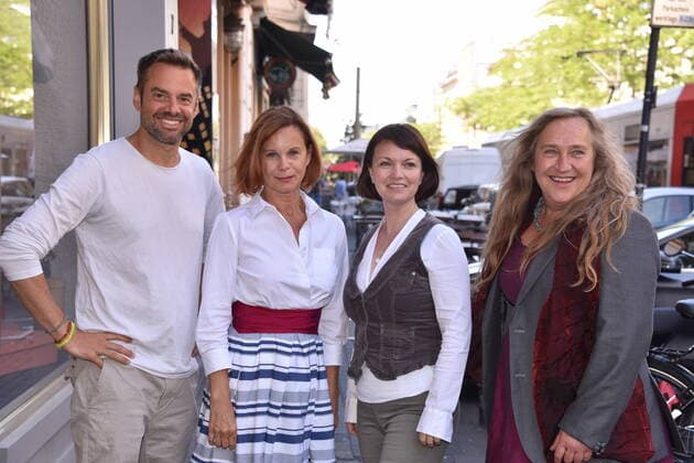 The actors Sebastian Feicht, l r, Petra Blossey, Sylvia Agnes Muc and Mila Kreidler Suite Grand Royal pose at the press conference for the reopening with a new hygiene concept in June and programme presentation of the Volkbühne am Rudolfplatz