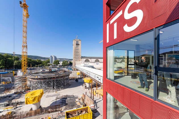 Germany, Baden Württemberg, Stuttgart, 29 05 2020 Info Turm Stuttgart ITS opened The new exhibition building at the main station provides information on Stuttgart 21 and other future projects of the city The terrace at a height of 26 metres offers a view of the station construction site The building is supported by the Verein Bahnprojekt Stuttgart Ulm e V