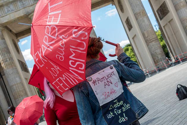 Sex workers of the associations BesD and BSD at a rally on the occasion of the International Whores Day at the Brandenburg Gate in Berlin Sex workers demonstrated against the existing legal and social discrimination, for legal working and against the still existing ban on working within the framework of the Corona Containment Ordinance snapshot photography M Czapski
