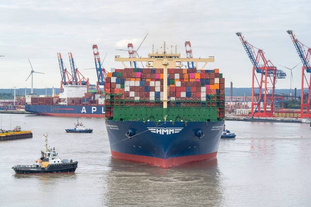 Worlds largest container ship in the Port of Hamburg Hyundai Merchant Marine Frachter HMM Algeciras docks at HHLAs Container Terminal Burchardkai in Hamburg Waltershof Worlds largest container ship in the Port of Hamburg Hyundai Merchant Marine Frachter HMM Algeciras docks at HHLAs Container Terminal Burchardkai in Hamburg Waltershof , H