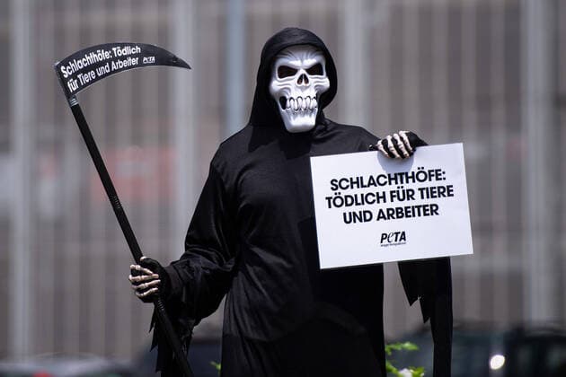 19 06 2020 Coronavirus demonstration of PETA after outbreak at Tönnies Demonstrators of the animal welfare organisation PETA after the coronavirus outbreak at Tönnies in Rheda Wiedenbrück, wh