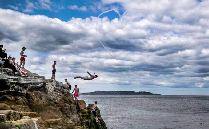 EDITORIAL USE ONLY Red Bull Matadors Aerobatic Display Over The East Coast of Ireland 2 7 2020 Pictured today at the forty foot, the Red Bull Matadors piloted by Paul Bonhomme & Steve Jones, took to the skies to perform a thrilling aerobatic display along the east coast of Ireland GivesYouWings The Red Bull Matadors 2 7 2020  Copyright: x INPHO DanxSheridanx 0047500543st