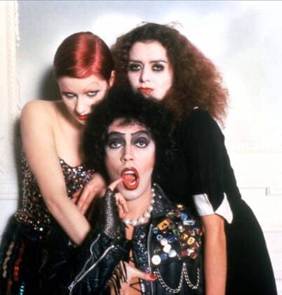 THE ROCKY HORROR PICTURE SHOW NELL CAMPBELL aka LITTLE NELL, TIM CURRY as Dr Frank-N-Furter, PATRICIA QUINN THE ROCKY HORROR PICTURE SHOW Date: 1975. Strictly editorial use only in conjunction with the promotion of the film. Credit line mandatory. This image is copyright of the film company and is supplied under the terms of issue as film still. No commercial or book cover use permitted without prior consent from the film company.  Mandatory credit line: Image courtesy C20TH FOX TWENTIETH CENTURY FOX Ronald Grant Archive Mary Evans